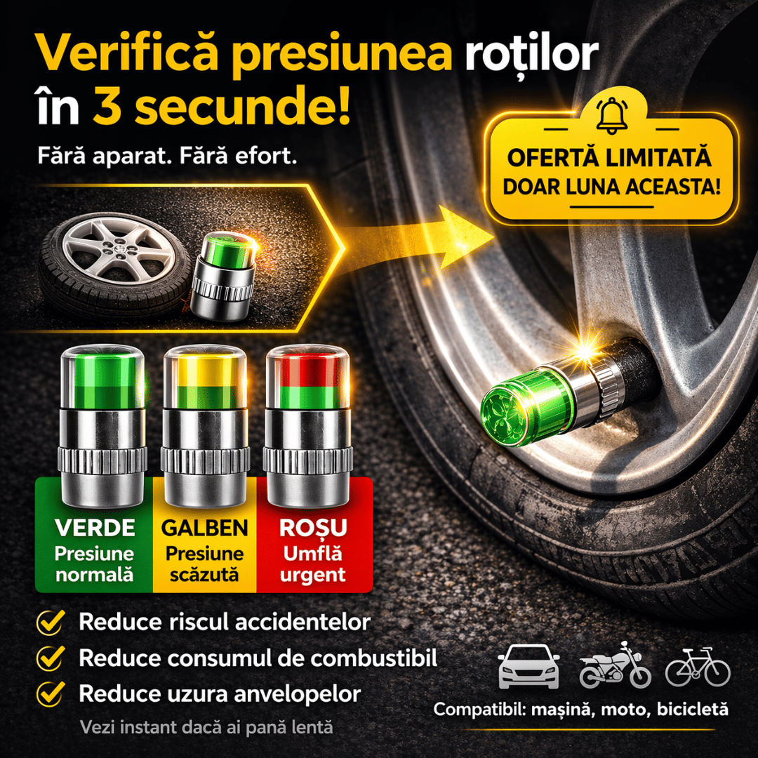 Set 4 Capace Valve cu Indicator Presiune Anvelope