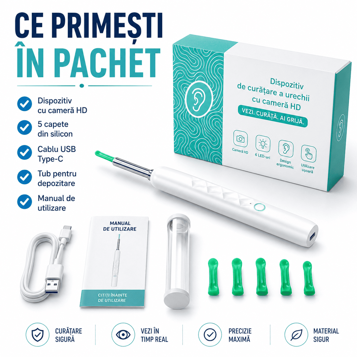 Dispozitiv pentru Curățarea Urechilor cu Cameră HD