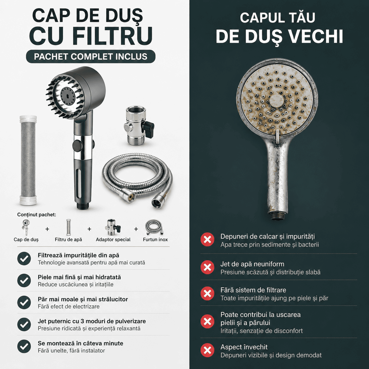 Cap de duș cu filtru și adaptor special