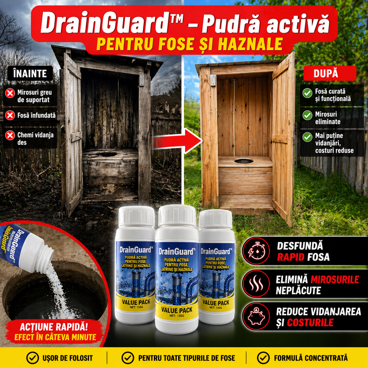 DrainGuard™ – Pudră Activă pentru Fose, Latrine și Haznale - 100g