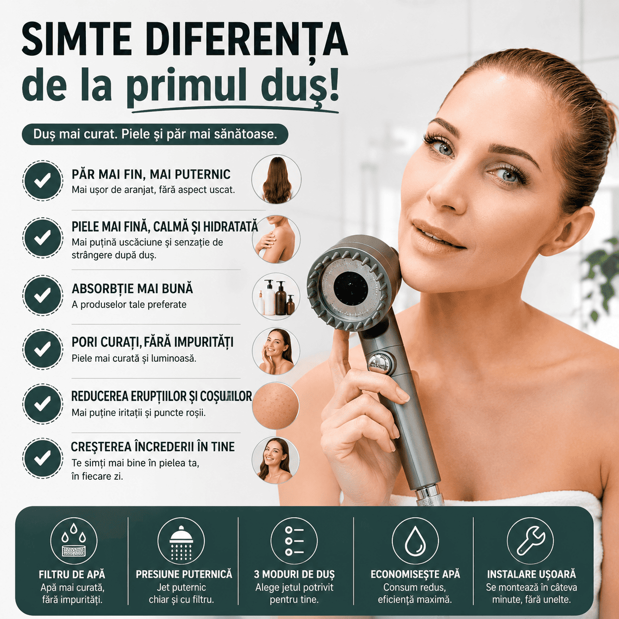 Cap de duș cu filtru și adaptor special